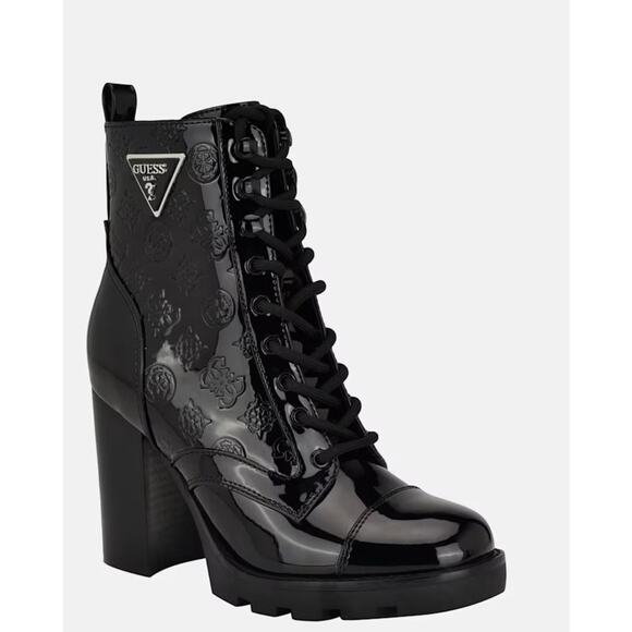 New Guess Neady Patent Booties Chunky Heel Lace Up Black 7.5 M - Picture 1 of 9